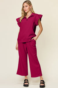 Texture Pant Set with Ruffle Sleeves