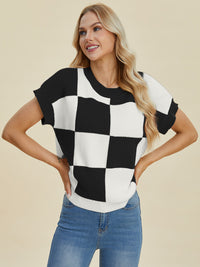 Checkered Short Sleeve Sweater