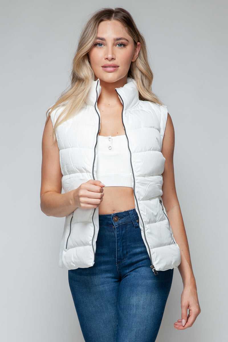 Zip Up Puffer Vest with Pockets in White