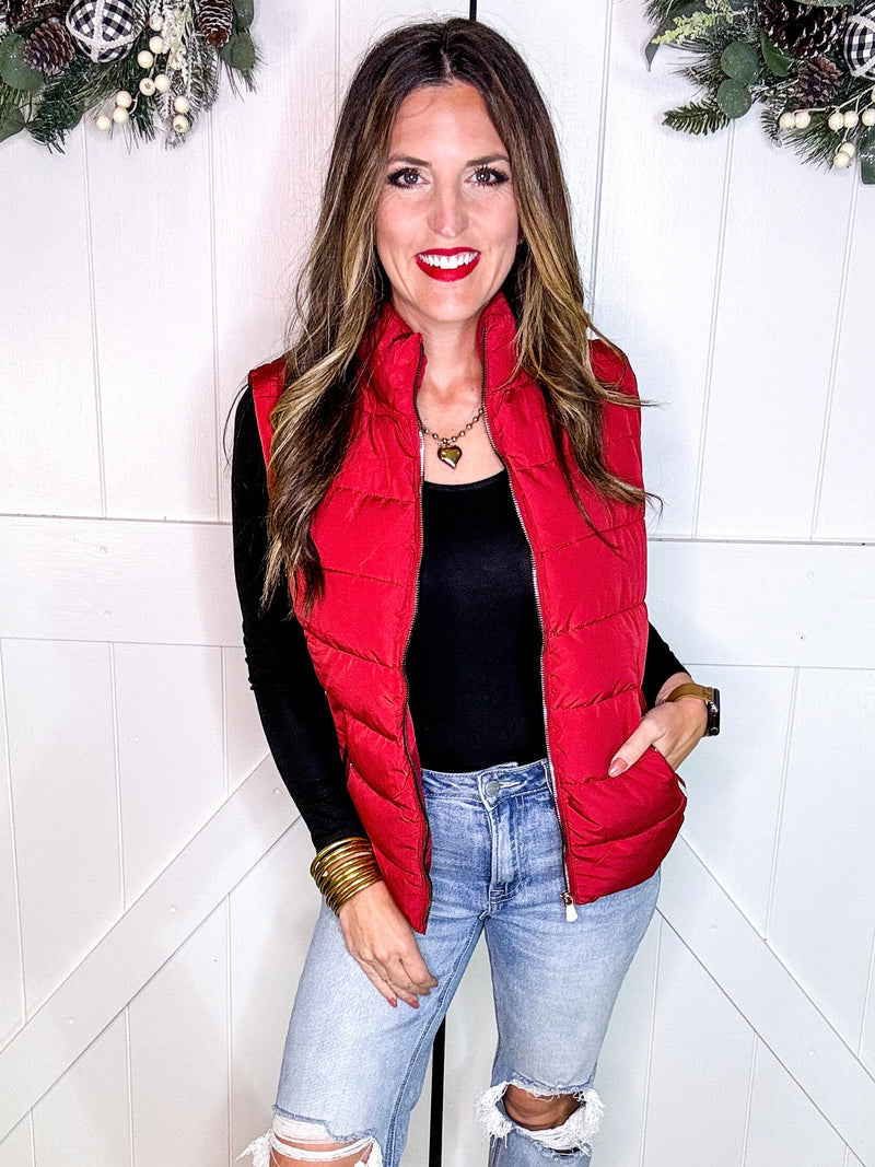 Zip Up Puffer Vest with Pockets in Red