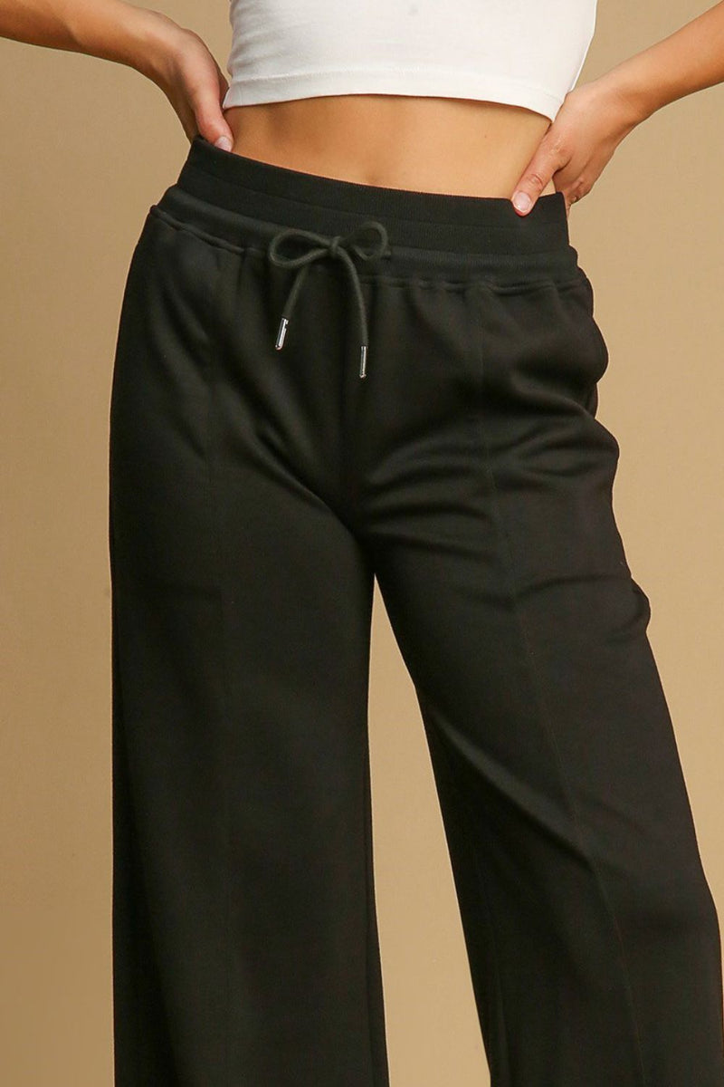 Umgee Drawstring Wide Leg Pants with Pockets in Black