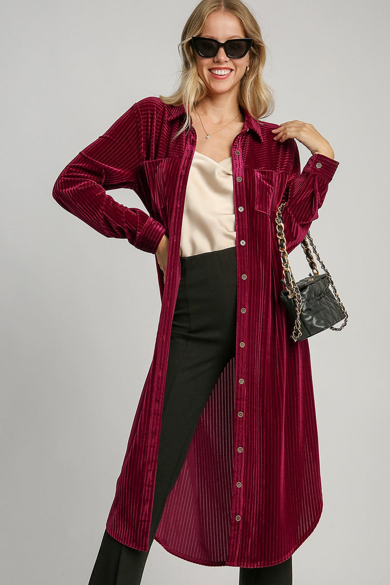 Textured Velvet Button Down Shirt Dress