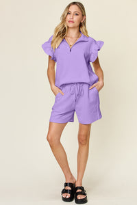 Texture Ruffle Sleeve Top and Shorts Set