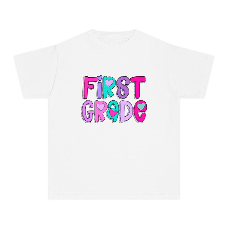 YOUTH First Grade Heart Font Comfort Colors Tee