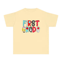 YOUTH First Grade School Font Comfort Colors Tee