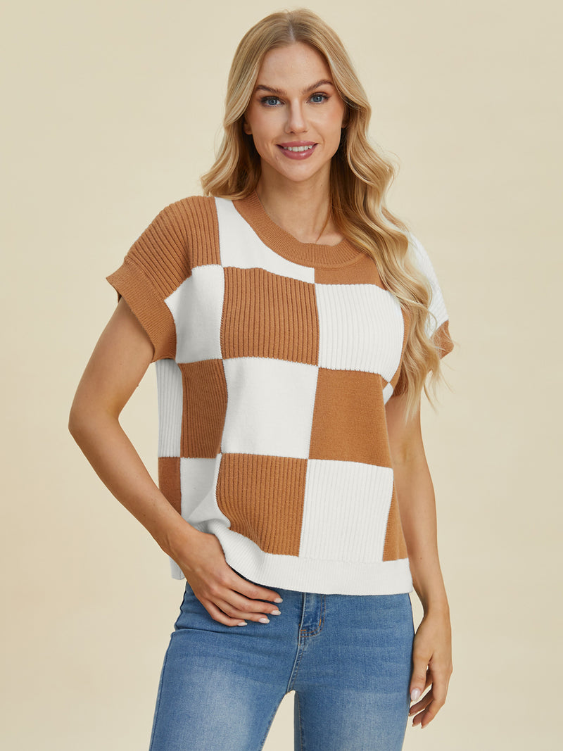 Checkered Short Sleeve Sweater