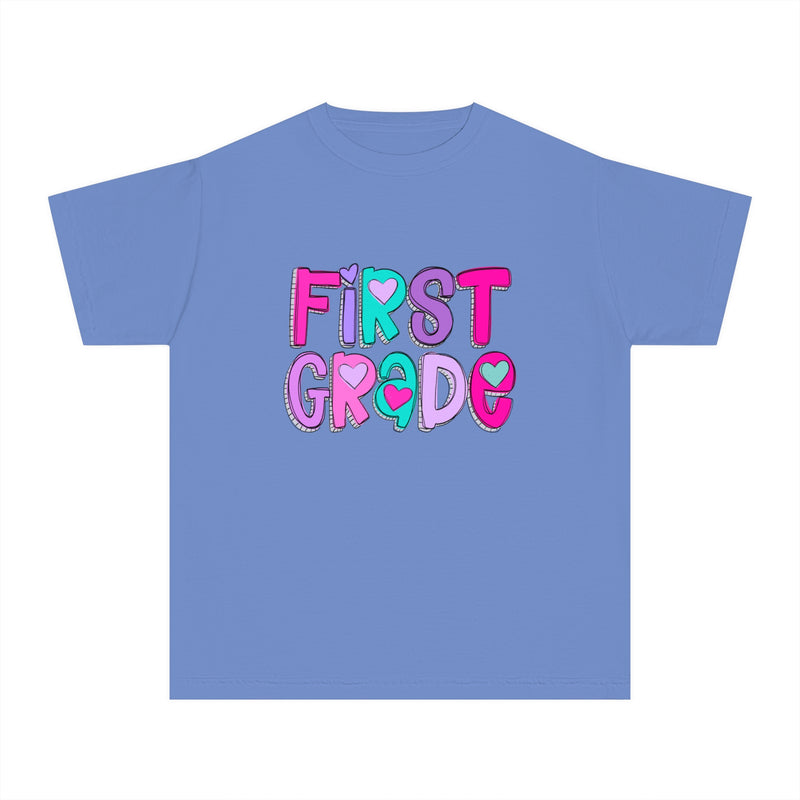 YOUTH First Grade Heart Font Comfort Colors Tee