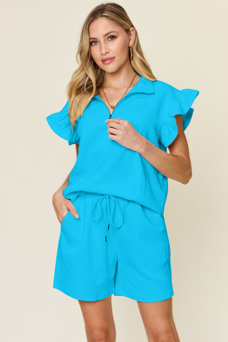 Texture Ruffle Sleeve Top and Shorts Set