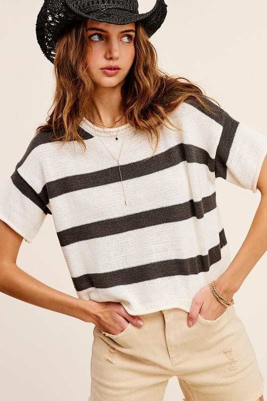 Striped Cropped Short Sleeve Sweater