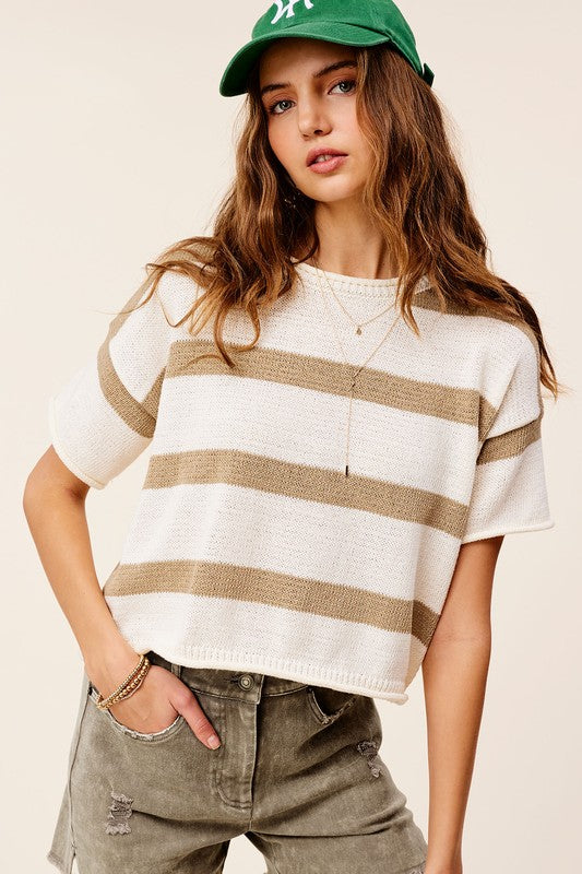 Striped Cropped Short Sleeve Sweater