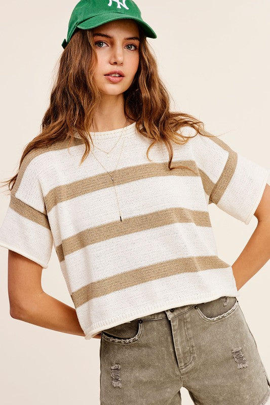 Striped Cropped Short Sleeve Sweater