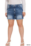 Plus Mid Rise Raw Frayed Hem Denim Shorts