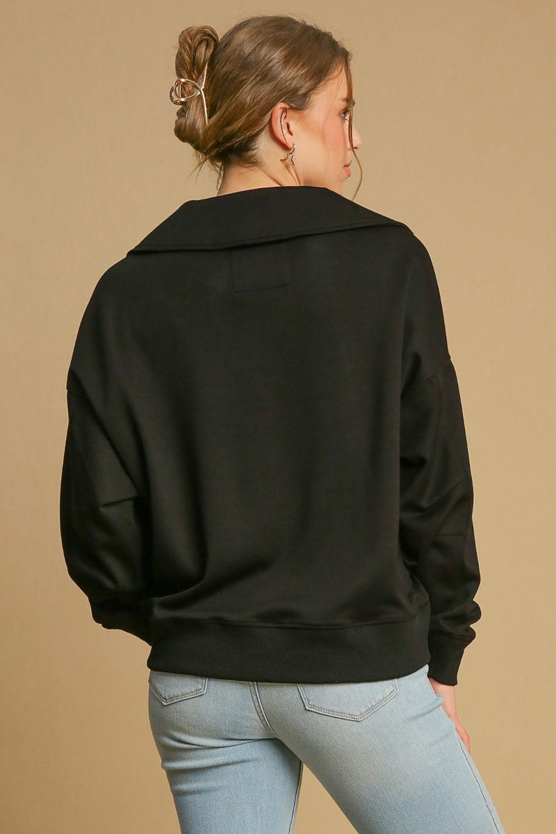 Umgee Johnny Collar Dropped Shoulder Sweatshirt in Black