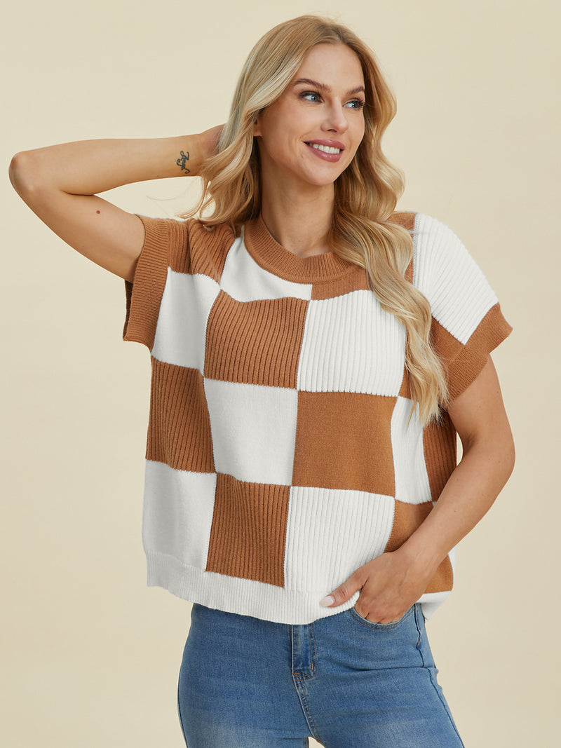 Checkered Short Sleeve Sweater