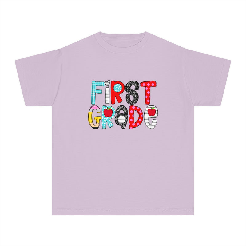 YOUTH First Grade School Font Comfort Colors Tee