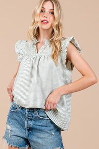 Green Gingham Ruffled Sleeve Top