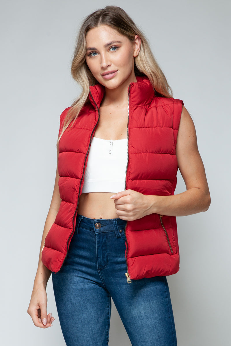 Zip Up Puffer Vest with Pockets in Red