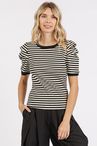 Striped Round Neck Puff Sleeve Top in Black