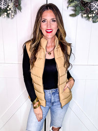 Zip Up Puffer Vest with Pockets in Tan