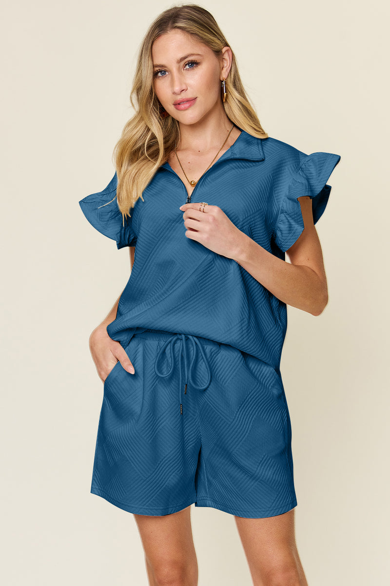 Texture Ruffle Sleeve Top and Shorts Set