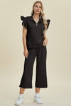 Texture Ruffle Short Sleeve Top and Wide Leg Pants Set