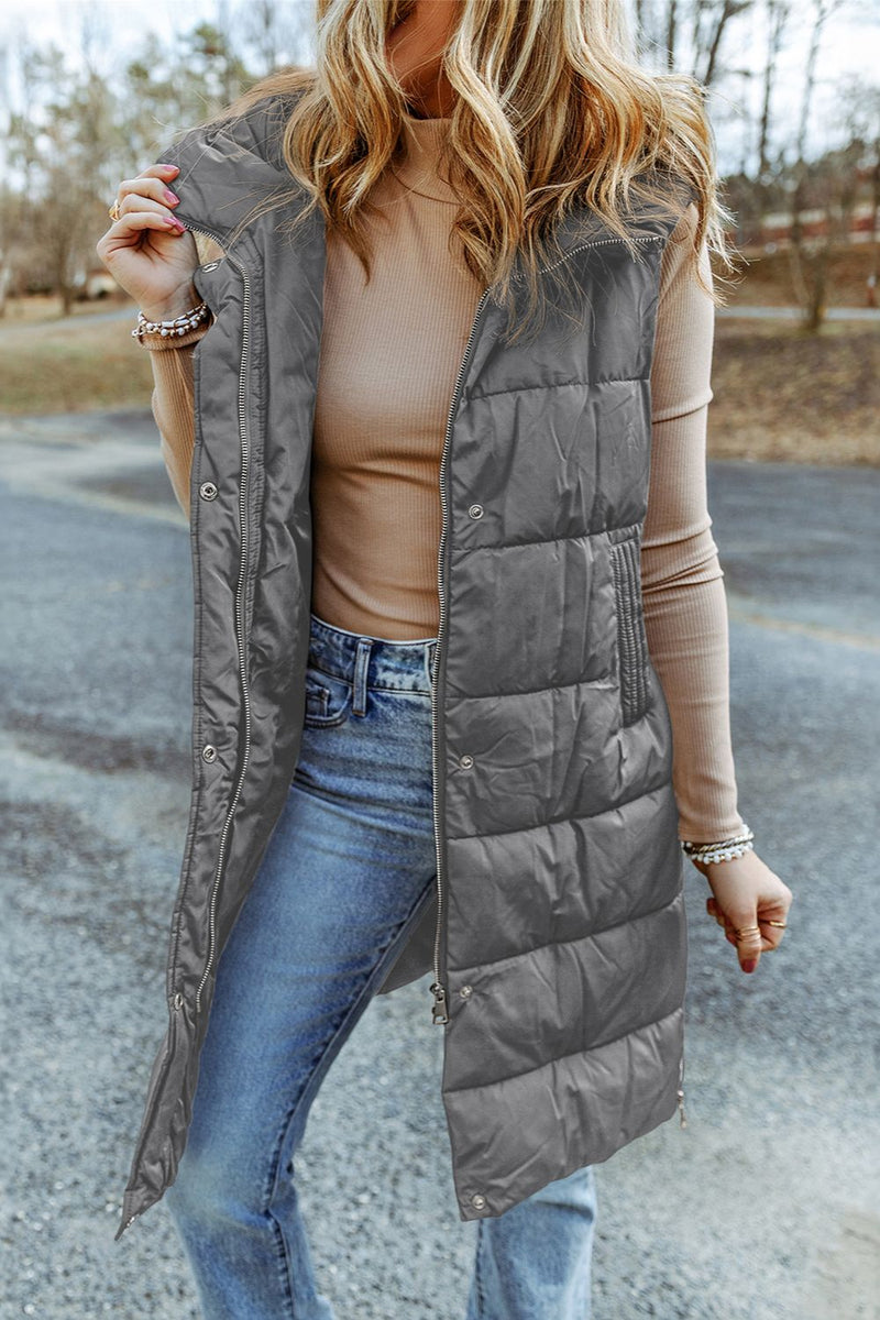 Long Hooded Sleeveless Puffer Vest