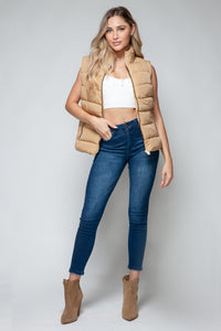 Zip Up Puffer Vest with Pockets in Tan