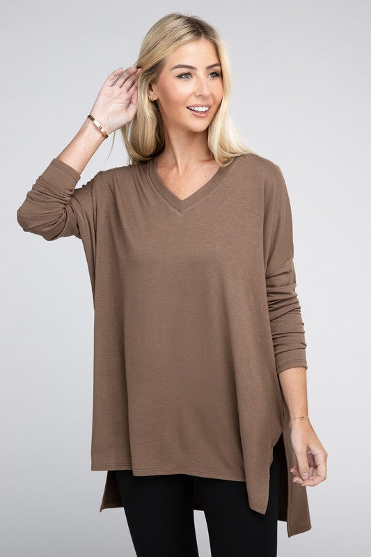 Dolman Long Sleeve V-Neck Side Slit Hi-Low Hem Top