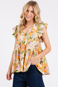 Floral V-Neck Ruffled Sleeve Blouse