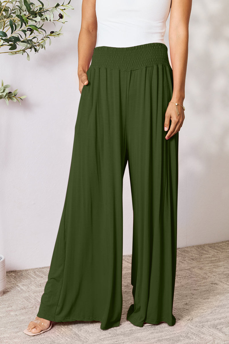 Smocked Waistband Wide Leg Pants with Pockets