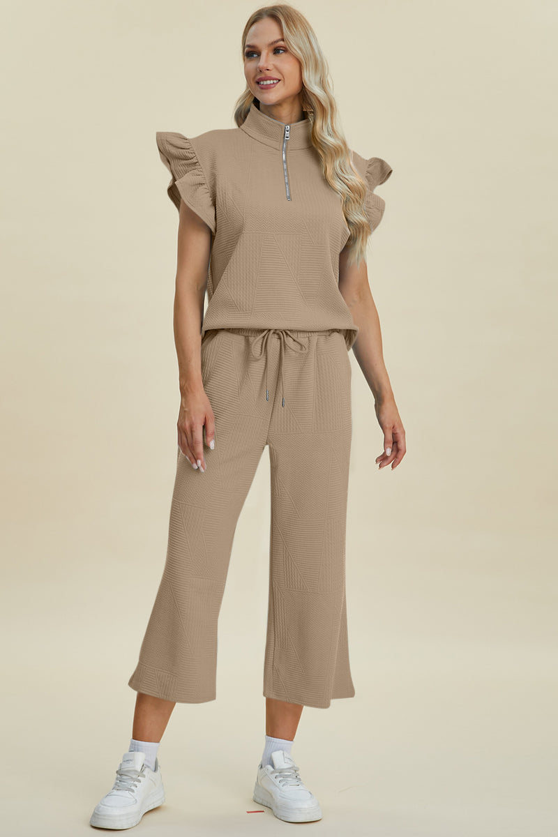 Texture Ruffle Short Sleeve Top and Wide Leg Pants Set