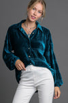 Ruched Velvet Button Up Shirt