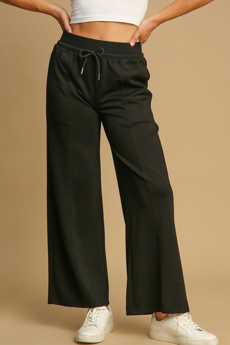 Umgee Drawstring Wide Leg Pants with Pockets in Black