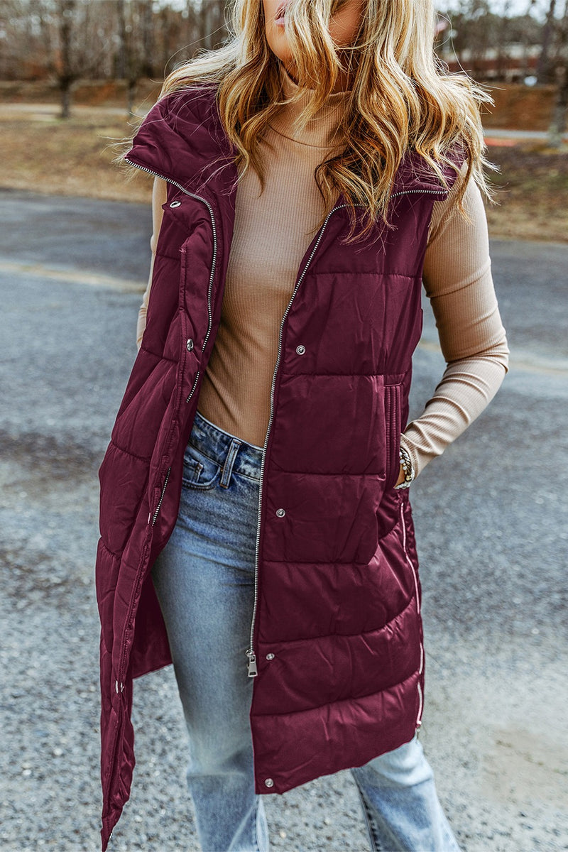 Long Hooded Sleeveless Puffer Vest