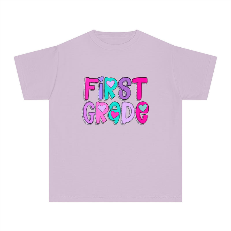 YOUTH First Grade Heart Font Comfort Colors Tee