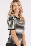 Striped Round Neck Puff Sleeve Top in Black