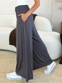 Smocked Waistband Wide Leg Pants with Pockets