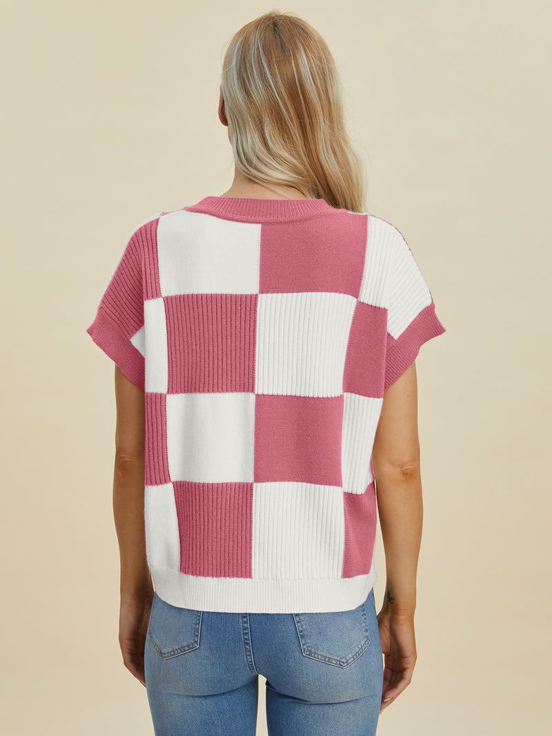 Checkered Short Sleeve Sweater