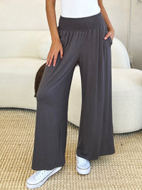 Smocked Waistband Wide Leg Pants with Pockets