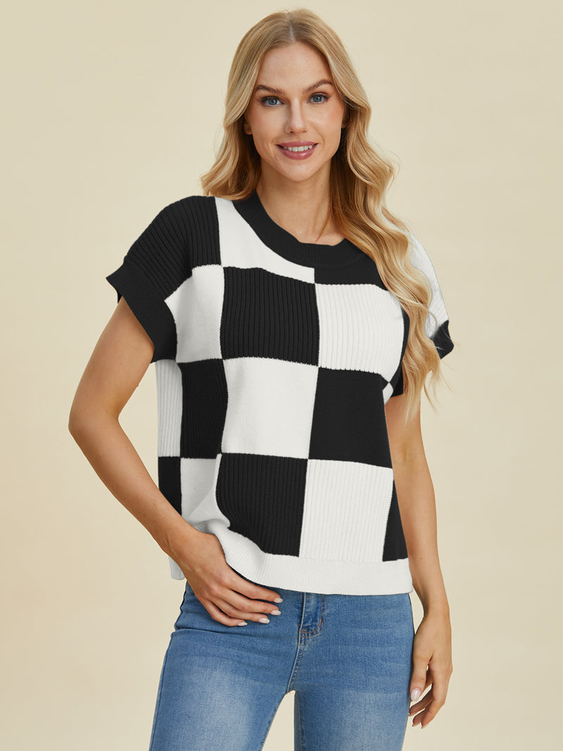 Checkered Short Sleeve Sweater