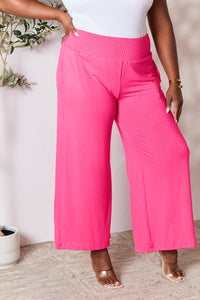 Smocked Waistband Wide Leg Pants with Pockets