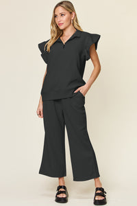 Texture Pant Set with Ruffle Sleeves