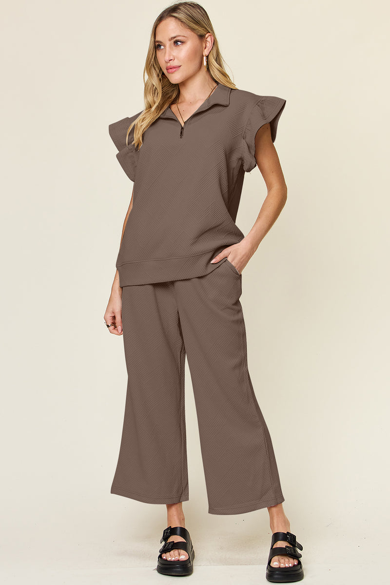 Texture Pant Set with Ruffle Sleeves