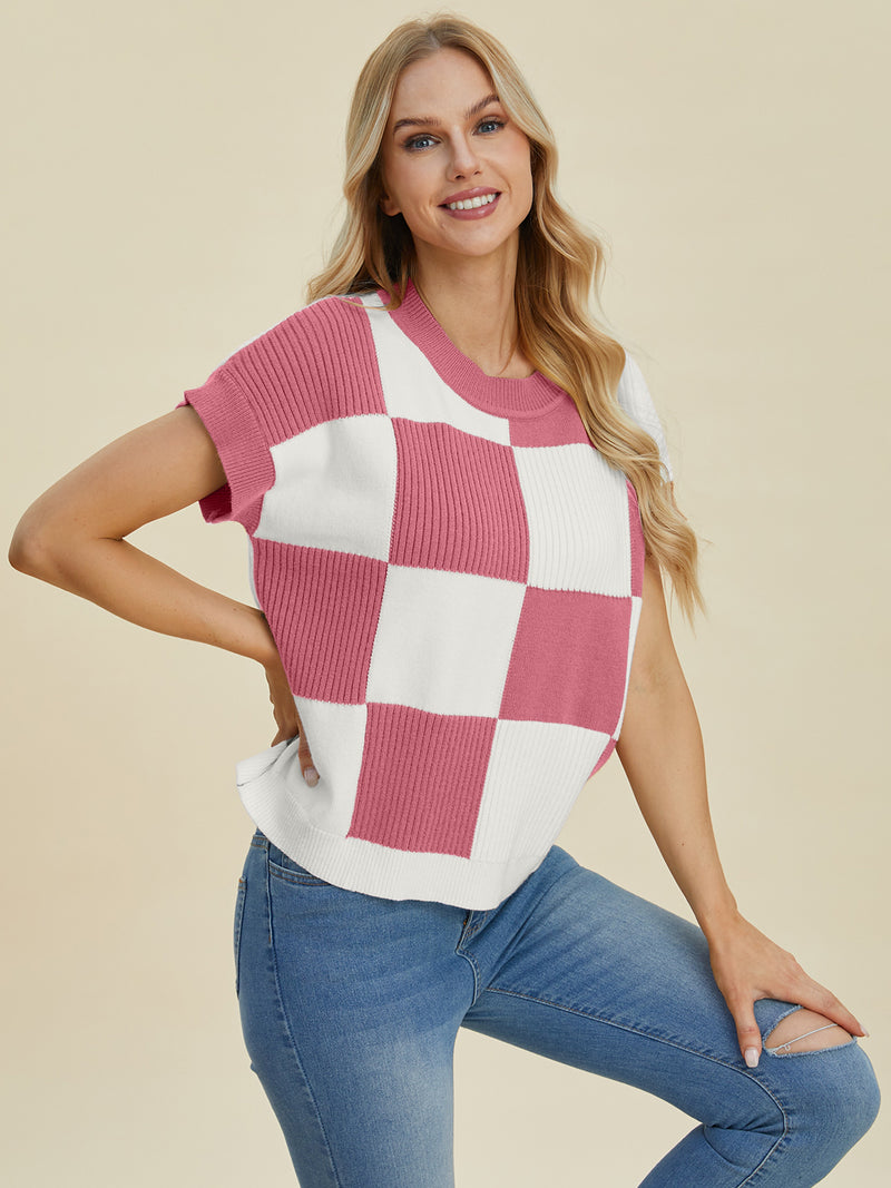 Checkered Short Sleeve Sweater