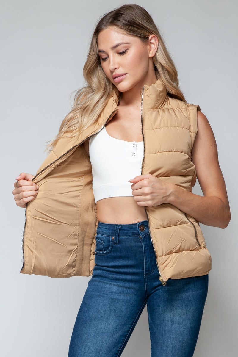 Zip Up Puffer Vest with Pockets in Tan