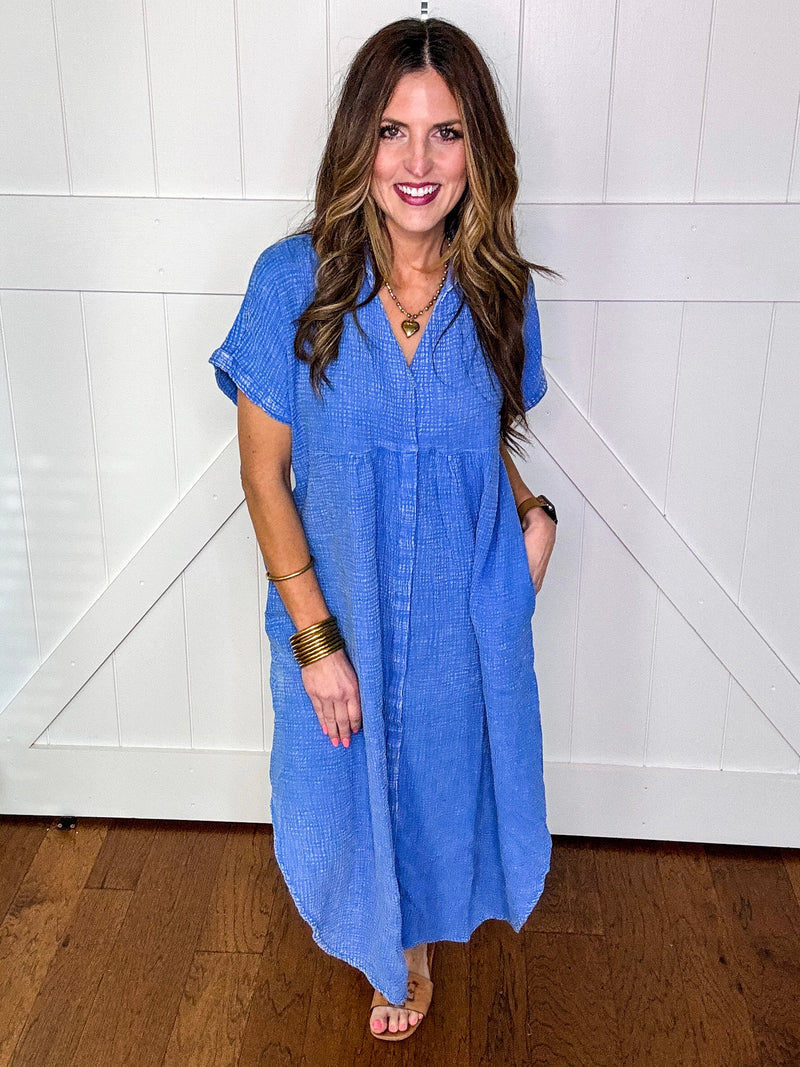 Mineral Wash Button Down Maxi in Denim Blue