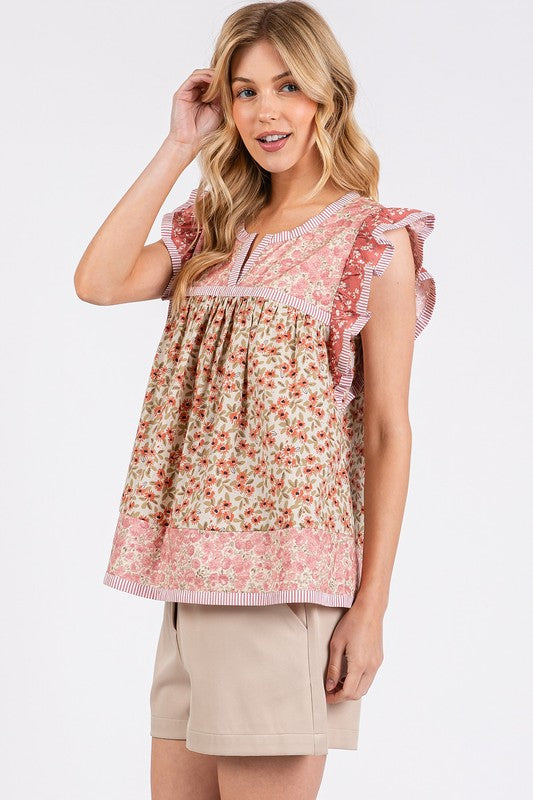 Boho Floral Ruffled Sleeve Top