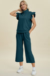 Texture Ruffle Short Sleeve Top and Wide Leg Pants Set