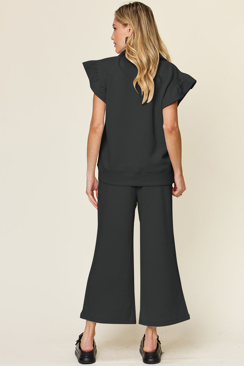 Texture Pant Set with Ruffle Sleeves