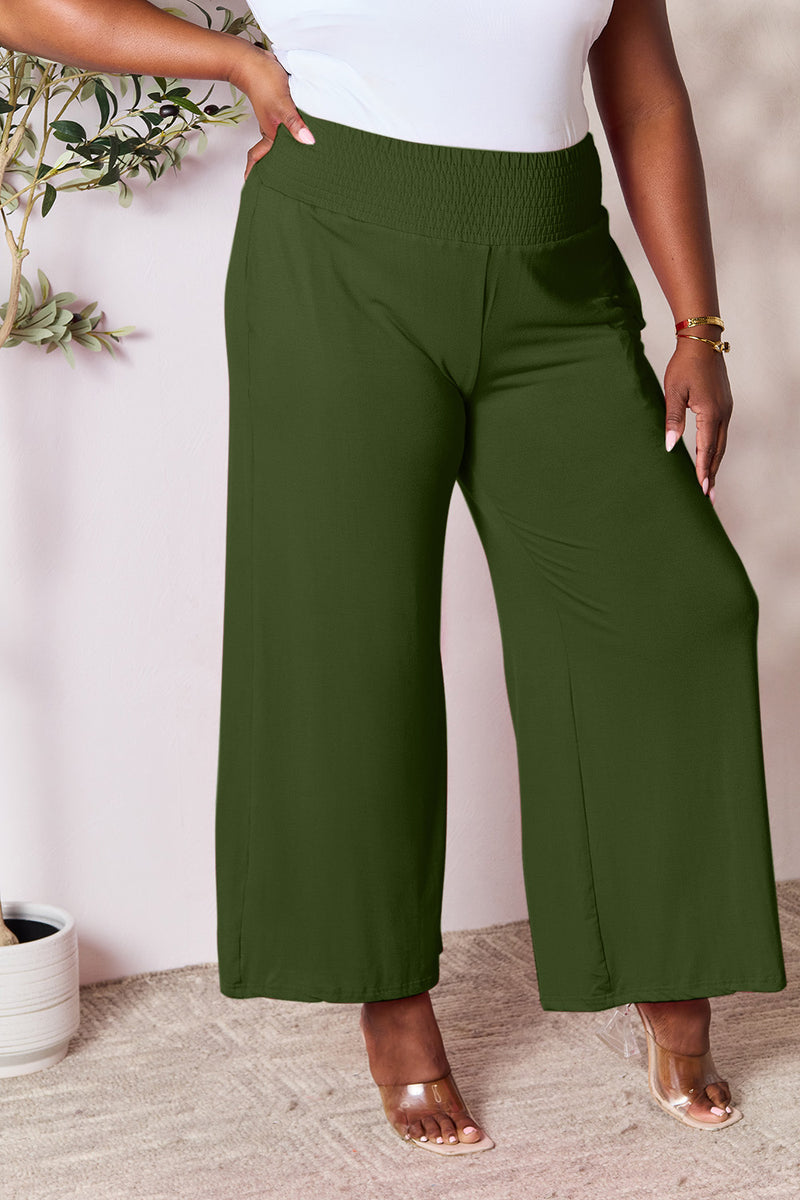 Smocked Waistband Wide Leg Pants with Pockets